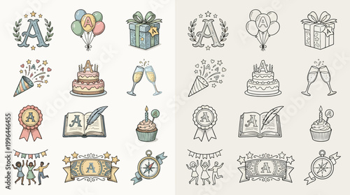 Collection of celebratory icons and illustrations, featuring cakes, gifts, balloons, and festive elements, presented in both color and monochrome versions.