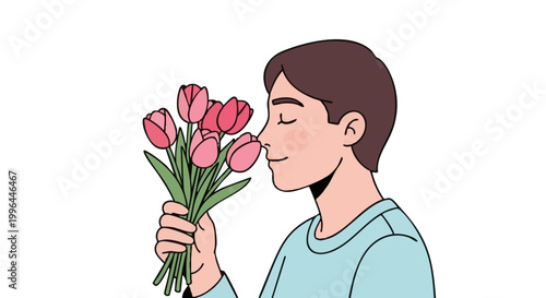Person with vitiligo smelling pink tulip bouquet