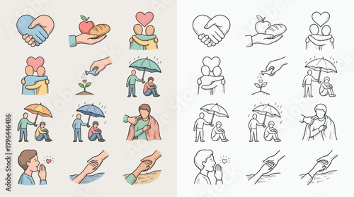 Collection of icons depicting acts of kindness, support, and compassion towards others.