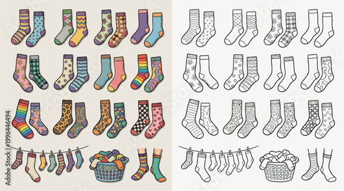 A colorful and black and white illustration of various socks, including pairs hanging on a clothesline and a basket full of socks.