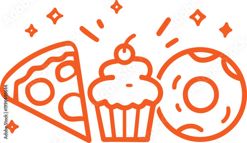 Bright orange line vector of pizza slice, cherry-topped cupcake and glazed donut with decorative sparkles, perfect for party invites, food blog icons and takeout restaurant branding.