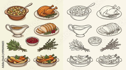 A colorful and monochrome illustration of a traditional Thanksgiving or Christmas dinner spread, featuring roasted turkey, carved meats, various side dishes, and garnishes.
