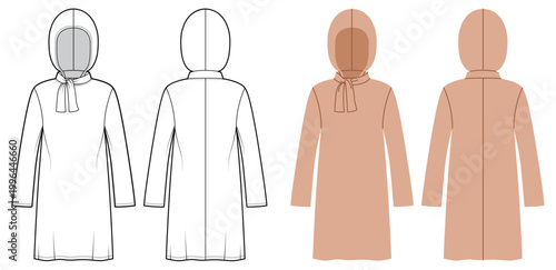 Long sleeve dress tie neck detail, relaxed silhouette clean construction lines, smooth shaping minimal structure. Technical fashion illustration in black white color, front back views, CAD template