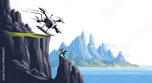 Pixel art depiction of a person on a snowboard launching off a cliff with a drone flying nearby, rugged mountains and ocean in the background, retro gaming aesthetic