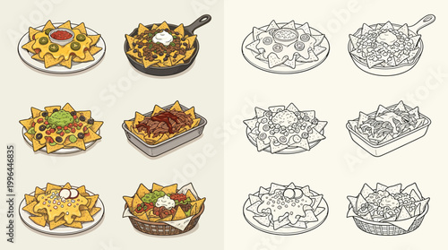 A collection of twelve isometric illustrations of various nacho dishes, presented in both full color and line art.