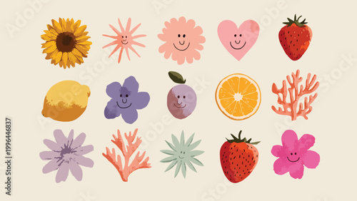 Collection of cute smiling cartoon characters including flowers, fruits, heart and coral, hand drawn flat vector set, suitable for kids apparel, nursery decor and greeting card design.