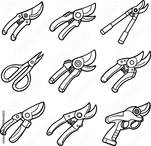 Set of eight different gardening pruning shears and loppers illustrations in black outline