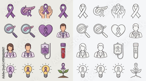 A collection of icons representing pancreatic cancer awareness, research, and support, featuring symbols like ribbons, a pancreas, doctors, and a blood bag.