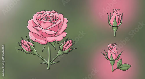 Pixel art pink rose with buds and rosebuds, delicate floral illustration with soft bokeh background, romantic element