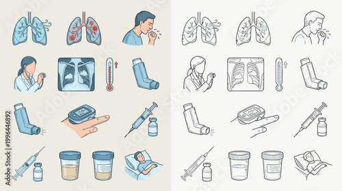 Collection of medical icons illustrating respiratory illnesses, treatments, and diagnostic tools.