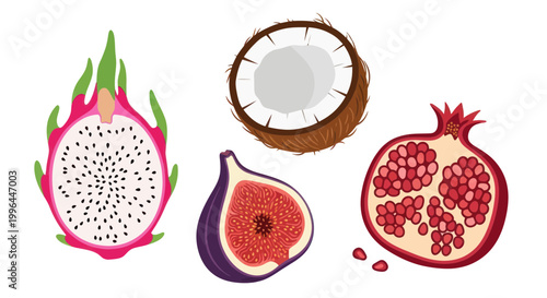 Exotic Fruit Assortment: Dragon Fruit, Coconut, Fig, Pomegranate