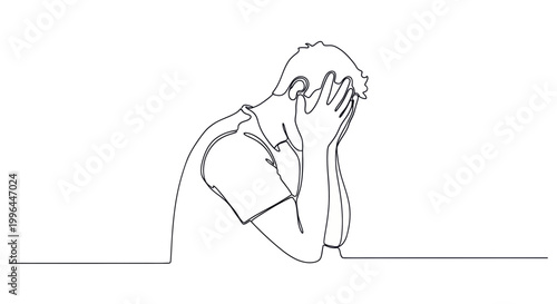 Man in despair, holding head in hands, single line drawing, emotional stress, mental health