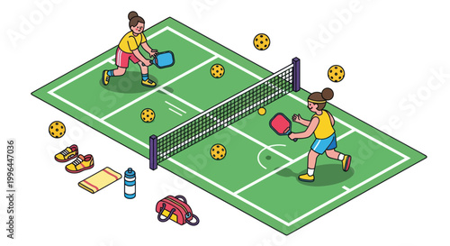 Fotografia Pickleball Game: Two Women Playing Doubles on Outdoor Court with Equipment