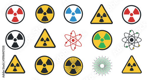 Radiation Warning Symbols and Atomic Orbit Icons Set