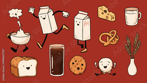 Cute anthropomorphic cartoon food characters including milk cartons, bread, cheese and snack items on a solid red background, perfect for children's menus, food packaging and kids' activity prints.