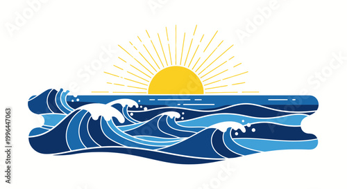 Stylized Ocean Waves Under Bright Sunburst