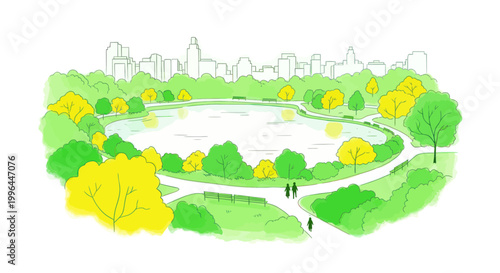 Whimsical Park Scene Illustration with Lake and City Skyline