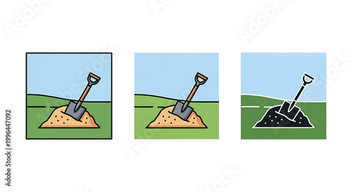 Pile of sand with a shovel digging into it, set of three distinct cartoon illustration styles, outdoor scene with blue sky and green grass