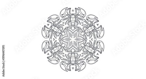 Abstract Mandala with Insect Elements, Intricate Geometric Pattern, Black and White Design