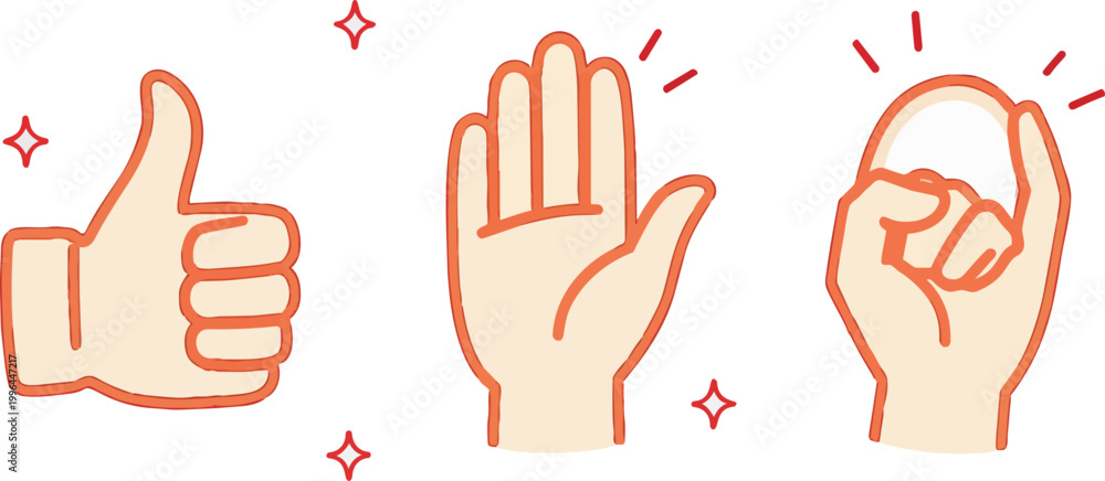Fototapeta premium Cute cartoon hand gesture set featuring thumbs up, open palm high five and okay sign, red outlined doodle, perfect for social media stickers, messaging apps and emoji design assets.