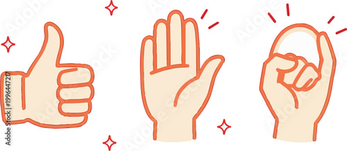 Cute cartoon hand gesture set featuring thumbs up, open palm high five and okay sign, red outlined doodle, perfect for social media stickers, messaging apps and emoji design assets.