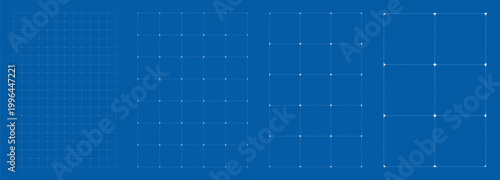 Blueprint grid set dashed line Star geometry, four scale variations. Wide medium dense micro spacing comparison, engineering layouts dashboards notebook pages interface planning technology graphics. 