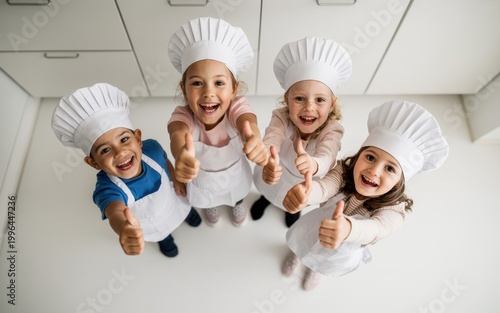 Four children wearing chef hats give thumbs up in a kitchen