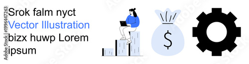 Business development, financial planning, economic growth, productivity, technology, innovation. Chart with a person using a laptop, money bag gear icon. Business and financial planning