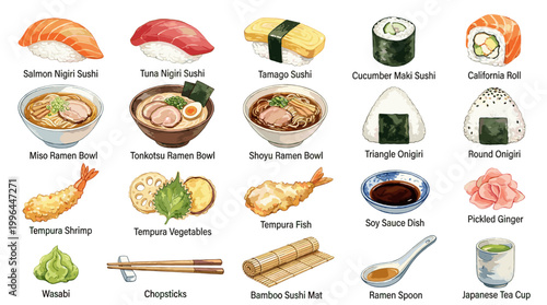 Japanese food vector collection with sashimi, sushi, tempura, ramen, tofu, edamame, soy sauce and chopsticks for Asian restaurant menu design