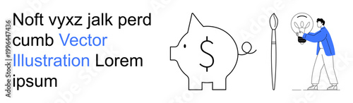 Finance, creativity, investment, idea generation, business solutions, innovation. Piggy bank with dollar sign and person holding a light bulb. Finance and creativity visually