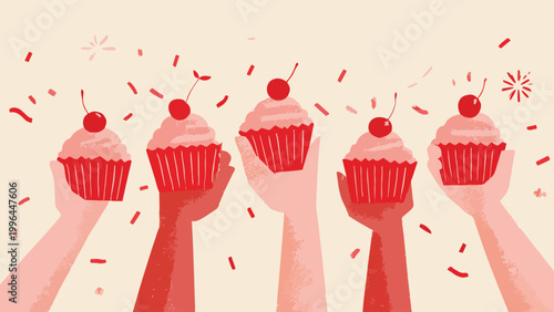 Diverse raised hands holding cherry-topped pink frosted cupcakes surrounded by falling confetti, flat vector illustration, concept for birthday parties, holiday gatherings and bakery marketing.