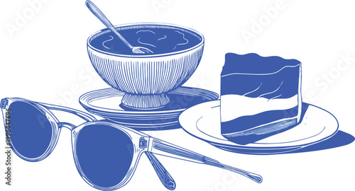 Flat blue line vector illustration of sunglasses, soup bowl, spoon, and Israel flag-themed cake on plates, ideal for Jewish holiday projects, Israeli travel content, and cultural food branding.