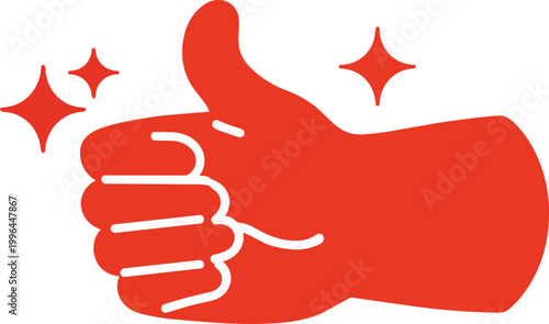 Flat solid red vector thumbs up hand gesture with sparkling star accents, perfect for social media reactions, positive feedback graphics and approval themed design projects.
