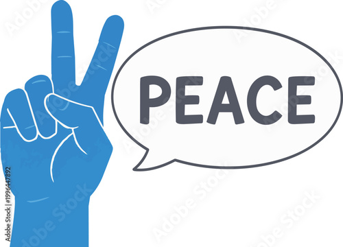 Flat vector blue hand making a peace victory sign with a speech bubble reading PEACE on white background, perfect for social advocacy, anti-war campaigns and community unity messaging.
