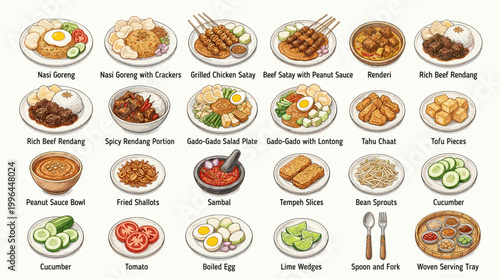 Cute Japanese food vector collection with rice bowls, curry, yakitori, gyoza, tofu, ramen and traditional dishes for restaurant menu and Asian cuisine design