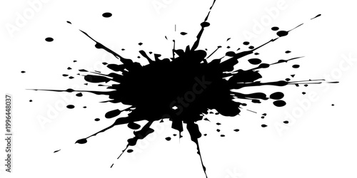abstract black ink splatter burst with radial lines explosive paint splash chaotic starburst shape dynamic grunge texture with scattered droplets sharp streaks and high contrast monochrome vector.