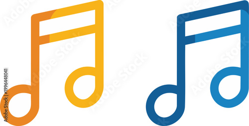Flat vector gradient double beamed music notes, warm orange-yellow and cool blue pairs isolated on white background, concept for music streaming apps, playlist branding and audio content promotion.