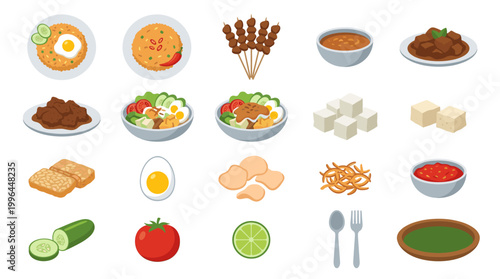 Cute cooking ingredient vector collection with egg, soup, sauce, rice, tofu, tomato, lime and kitchen utensils for recipe and food design