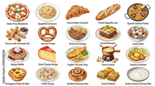 Italian food vector collection with pizza, carbonara, croissant, baguette, pasta, salad and pastries for restaurant menu and Mediterranean cuisine design