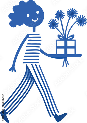 Flat vector illustration of a stylized smiling woman walking, carrying a gift box with daisies, isolated on white background, concept for greeting cards, birthday celebrations and gifting campaigns.