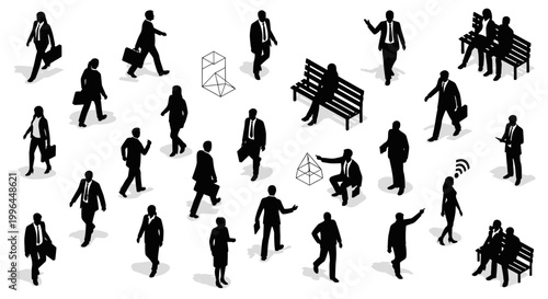 diverse business professionals walking and sitting in a modern isometric setting