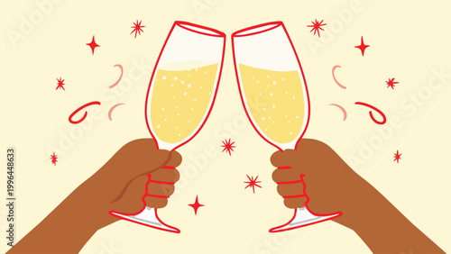 Flat vector illustration of two Black hands toasting with filled champagne flutes, surrounded by sparkles and confetti, perfect for holiday greetings, new year celebrations and event invitations.