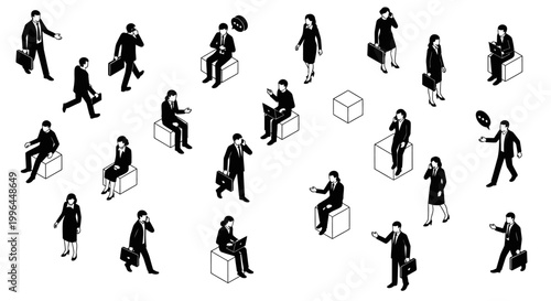 isometric business people in suits in various poses sitting and standing with laptops and briefcases