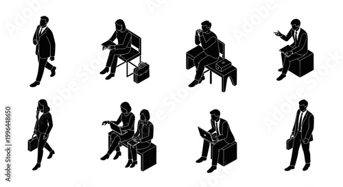 isometric business people in various poses working and waiting office scenes