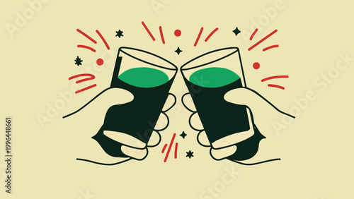 Flat vector illustration of two hands clinking glasses of green stout beer with celebratory spark accents, perfect for St. Patrick's Day promotions, party invitations and pub event advertising.