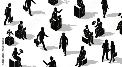 isometric business people silhouettes in discussion working and commuting