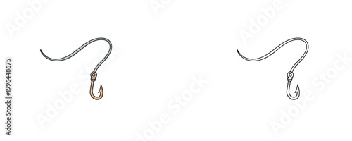 Fishing hook with line in flat colored and black line styles blue orange and white colors for angling equipment representation on white background