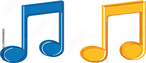 Glossy 3D vector blue and orange double beamed eighth music notes, isolated on white, perfect for music app icons, playlist branding and multimedia content.