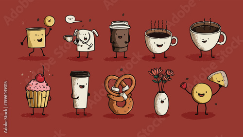 Hand-drawn anthropomorphic cute food and coffee cartoon characters on a deep red background, ideal for cafe branding, children's menu art and lifestyle social media content.