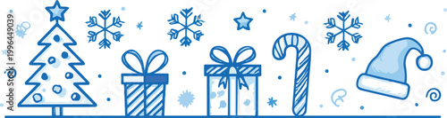 Hand-drawn blue doodle Christmas banner featuring a tree, gift boxes, candy cane, Santa hat and snowflakes, ideal for holiday greeting cards, winter social posts and festive brand promotions.